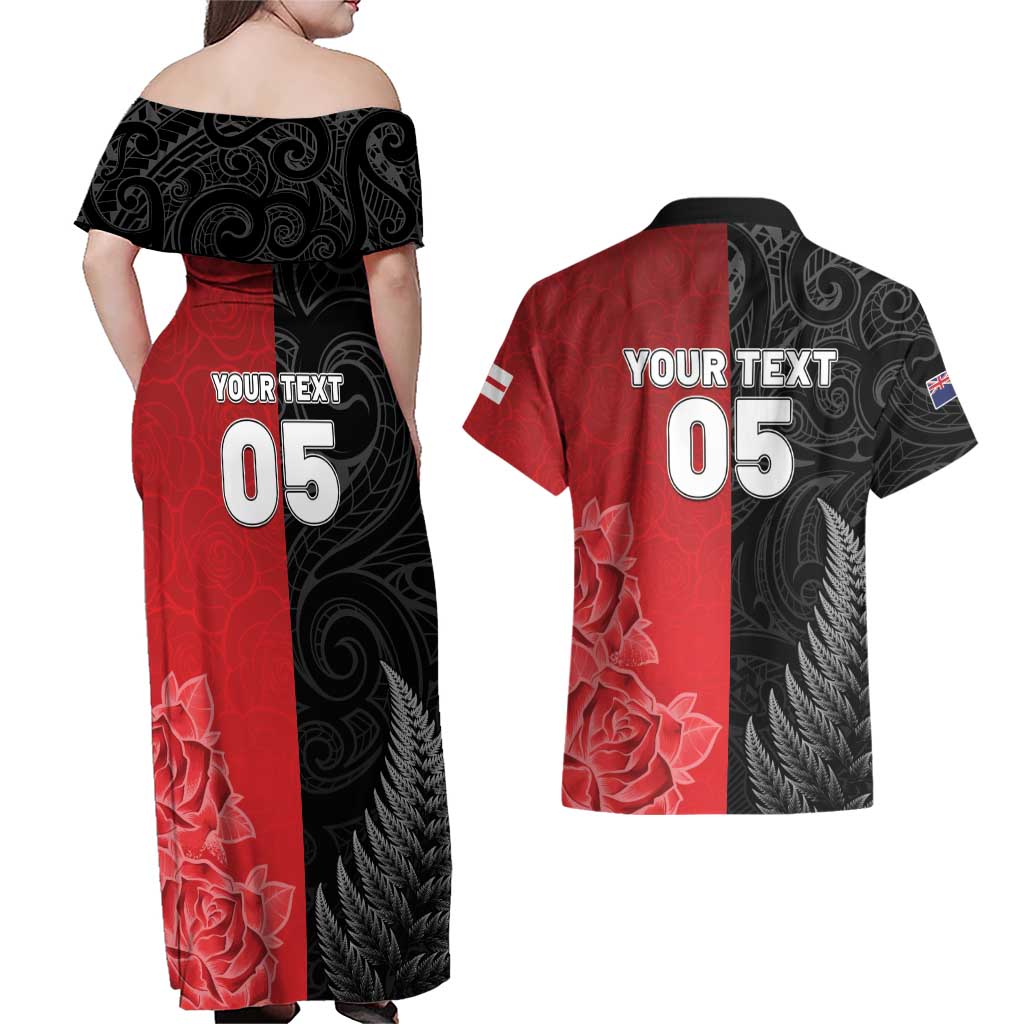 New Zealand And England Rugby Custom Couples Matching Off Shoulder Maxi Dress and Hawaiian Shirt Red Rose Mix Maori Pattern LT05 - Polynesian Pride