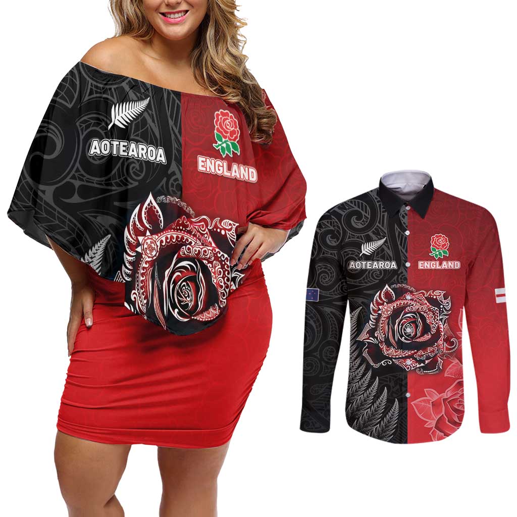 New Zealand And England Rugby Custom Couples Matching Off Shoulder Short Dress and Long Sleeve Button Shirt Red Rose Mix Maori Pattern LT05 Black - Polynesian Pride