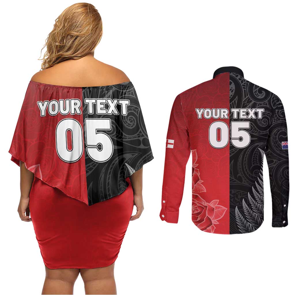 New Zealand And England Rugby Custom Couples Matching Off Shoulder Short Dress and Long Sleeve Button Shirt Red Rose Mix Maori Pattern LT05 - Polynesian Pride