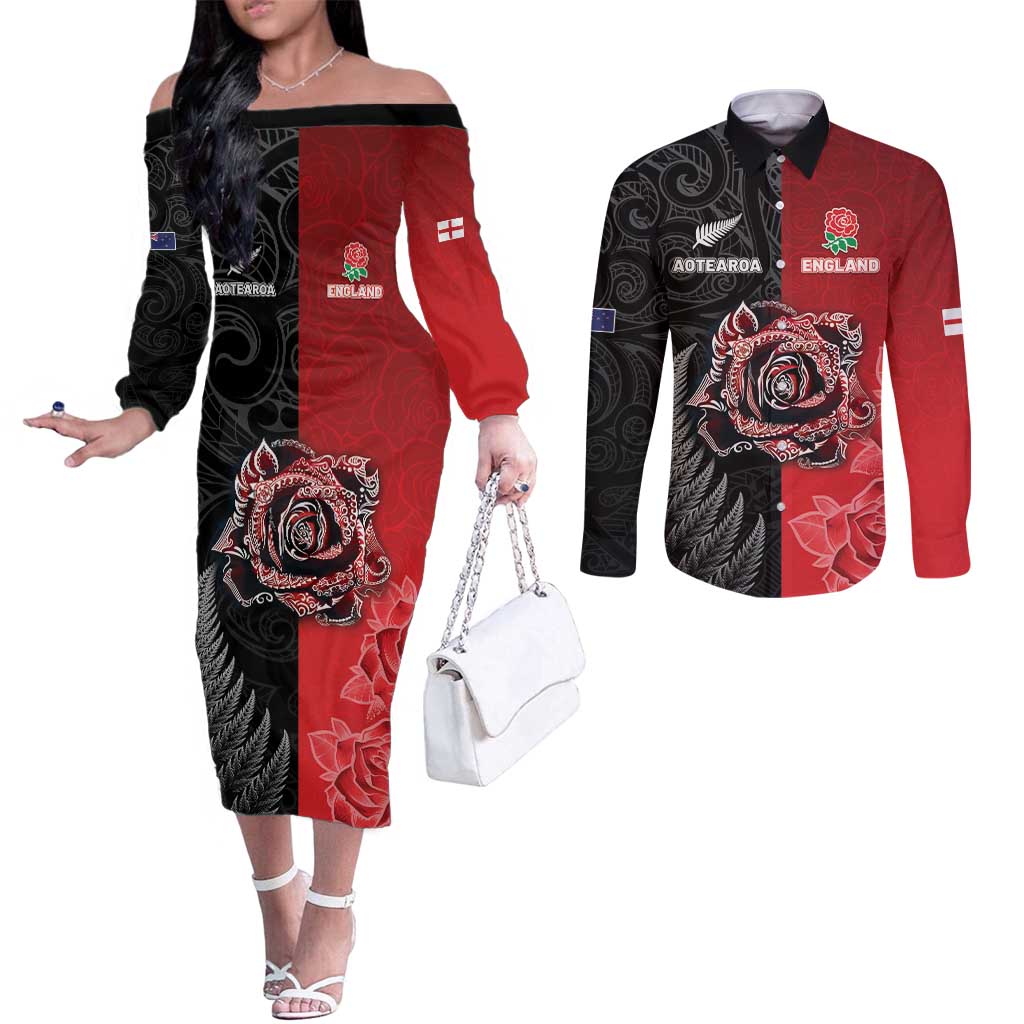 New Zealand And England Rugby Custom Couples Matching Off The Shoulder Long Sleeve Dress and Long Sleeve Button Shirt Red Rose Mix Maori Pattern LT05 Black - Polynesian Pride