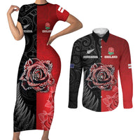 New Zealand And England Rugby Custom Couples Matching Short Sleeve Bodycon Dress and Long Sleeve Button Shirt Red Rose Mix Maori Pattern LT05 Black - Polynesian Pride