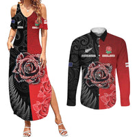 New Zealand And England Rugby Custom Couples Matching Summer Maxi Dress and Long Sleeve Button Shirt Red Rose Mix Maori Pattern LT05 Black - Polynesian Pride