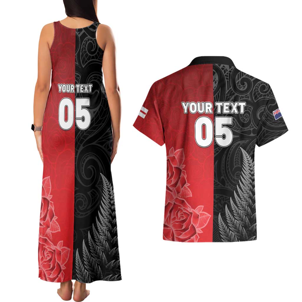 New Zealand And England Rugby Custom Couples Matching Tank Maxi Dress and Hawaiian Shirt Red Rose Mix Maori Pattern LT05 - Polynesian Pride