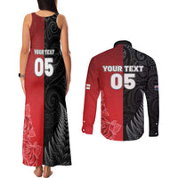 New Zealand And England Rugby Custom Couples Matching Tank Maxi Dress and Long Sleeve Button Shirt Red Rose Mix Maori Pattern LT05 - Polynesian Pride