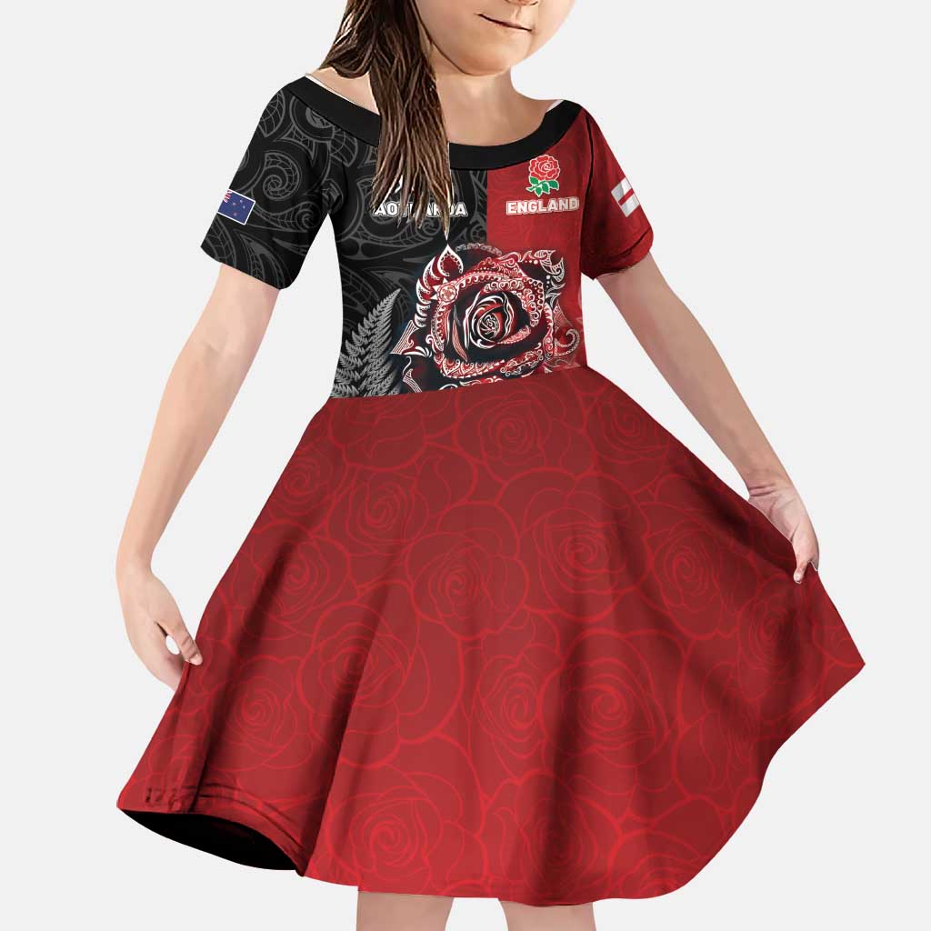 New Zealand And England Rugby Custom Family Matching Long Sleeve Bodycon Dress and Hawaiian Shirt Red Rose Mix Maori Pattern LT05 Daughter's Dress Black - Polynesian Pride