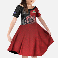 New Zealand And England Rugby Custom Family Matching Long Sleeve Bodycon Dress and Hawaiian Shirt Red Rose Mix Maori Pattern LT05 Daughter's Dress Black - Polynesian Pride