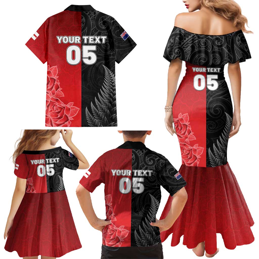 New Zealand And England Rugby Custom Family Matching Mermaid Dress and Hawaiian Shirt Red Rose Mix Maori Pattern LT05 - Polynesian Pride
