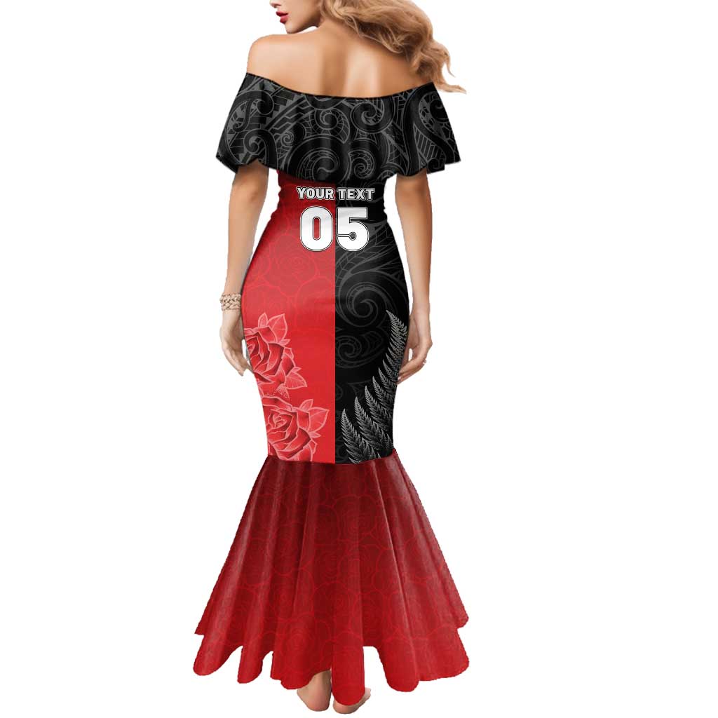 New Zealand And England Rugby Custom Family Matching Mermaid Dress and Hawaiian Shirt Red Rose Mix Maori Pattern LT05 - Polynesian Pride
