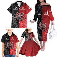 New Zealand And England Rugby Custom Family Matching Off The Shoulder Long Sleeve Dress and Hawaiian Shirt Red Rose Mix Maori Pattern LT05 - Polynesian Pride