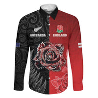 New Zealand And England Rugby Custom Family Matching Off The Shoulder Long Sleeve Dress and Hawaiian Shirt Red Rose Mix Maori Pattern LT05 Dad's Shirt - Long Sleeve Black - Polynesian Pride