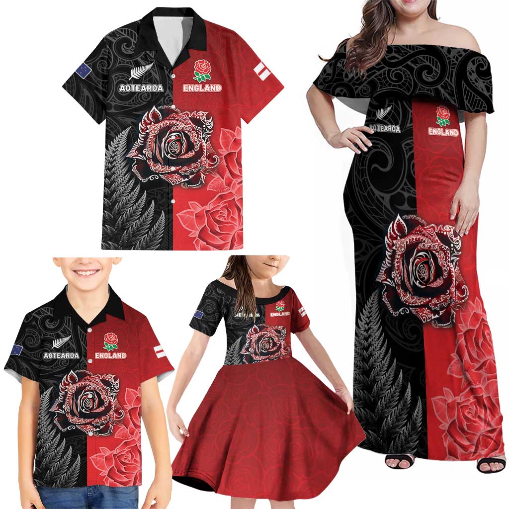 New Zealand And England Rugby Custom Family Matching Off Shoulder Maxi Dress and Hawaiian Shirt Red Rose Mix Maori Pattern LT05 - Polynesian Pride