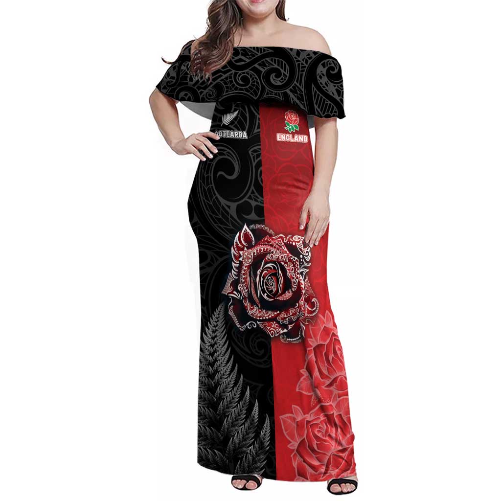New Zealand And England Rugby Custom Family Matching Off Shoulder Maxi Dress and Hawaiian Shirt Red Rose Mix Maori Pattern LT05 Mom's Dress Black - Polynesian Pride