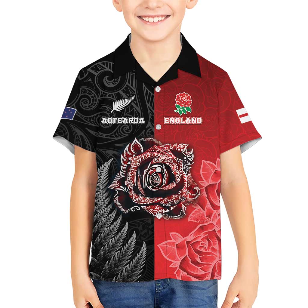 New Zealand And England Rugby Custom Family Matching Off Shoulder Maxi Dress and Hawaiian Shirt Red Rose Mix Maori Pattern LT05 Son's Shirt Black - Polynesian Pride