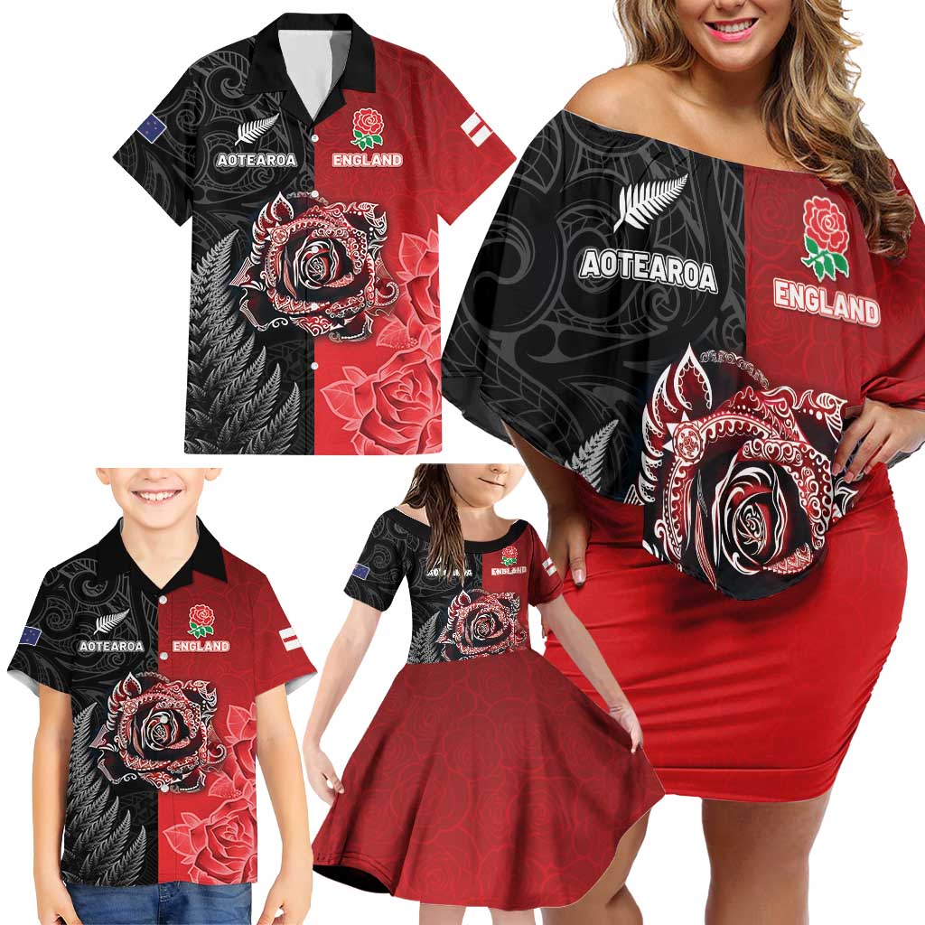 New Zealand And England Rugby Custom Family Matching Off Shoulder Short Dress and Hawaiian Shirt Red Rose Mix Maori Pattern LT05 - Polynesian Pride