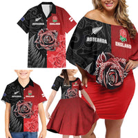 New Zealand And England Rugby Custom Family Matching Off Shoulder Short Dress and Hawaiian Shirt Red Rose Mix Maori Pattern LT05 - Polynesian Pride