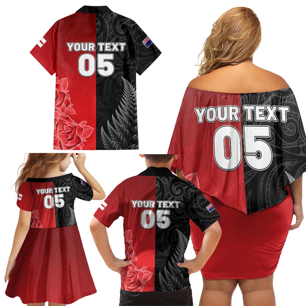 New Zealand And England Rugby Custom Family Matching Off Shoulder Short Dress and Hawaiian Shirt Red Rose Mix Maori Pattern LT05 - Polynesian Pride