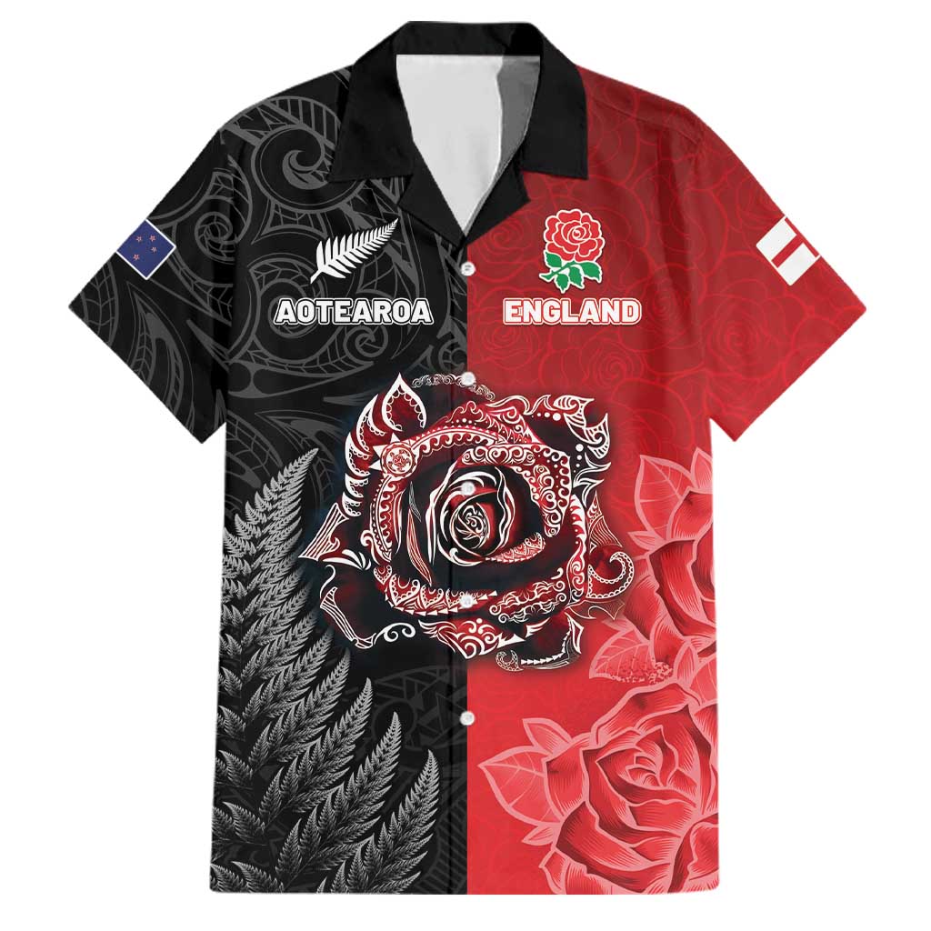 New Zealand And England Rugby Custom Family Matching Off Shoulder Short Dress and Hawaiian Shirt Red Rose Mix Maori Pattern LT05 Dad's Shirt - Short Sleeve Black - Polynesian Pride