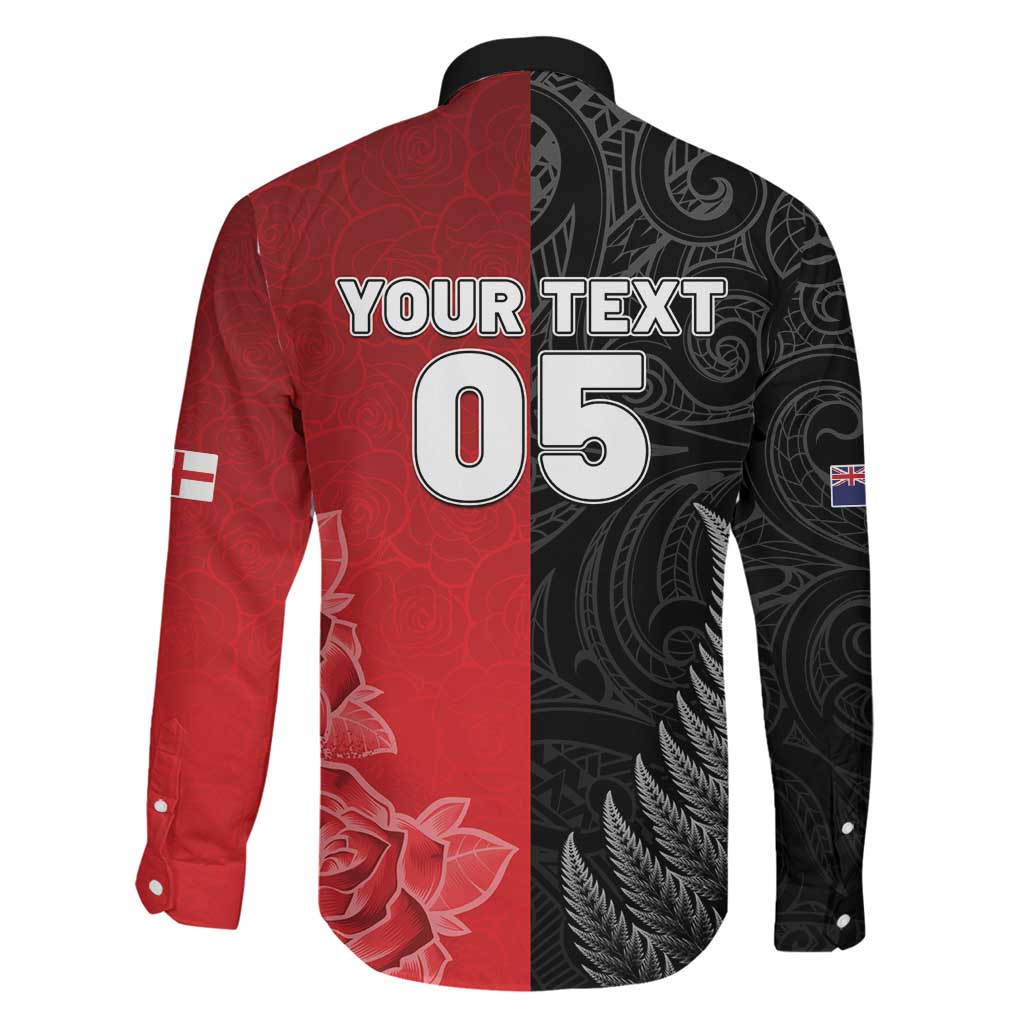New Zealand And England Rugby Custom Family Matching Off Shoulder Short Dress and Hawaiian Shirt Red Rose Mix Maori Pattern LT05 - Polynesian Pride