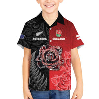 New Zealand And England Rugby Custom Family Matching Off Shoulder Short Dress and Hawaiian Shirt Red Rose Mix Maori Pattern LT05 Son's Shirt Black - Polynesian Pride
