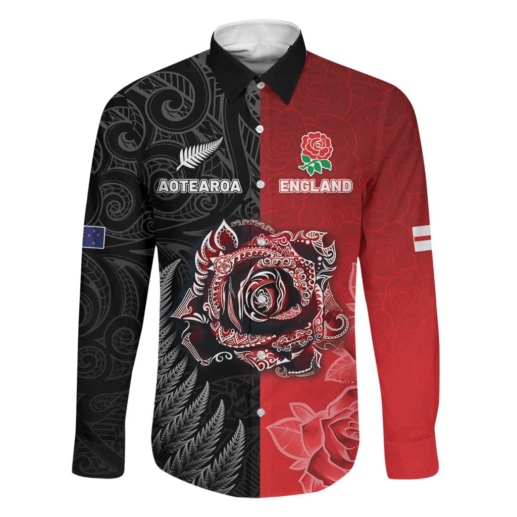 New Zealand And England Rugby Custom Family Matching Puletasi and Hawaiian Shirt Red Rose Mix Maori Pattern LT05 Dad's Shirt - Long Sleeve Black - Polynesian Pride