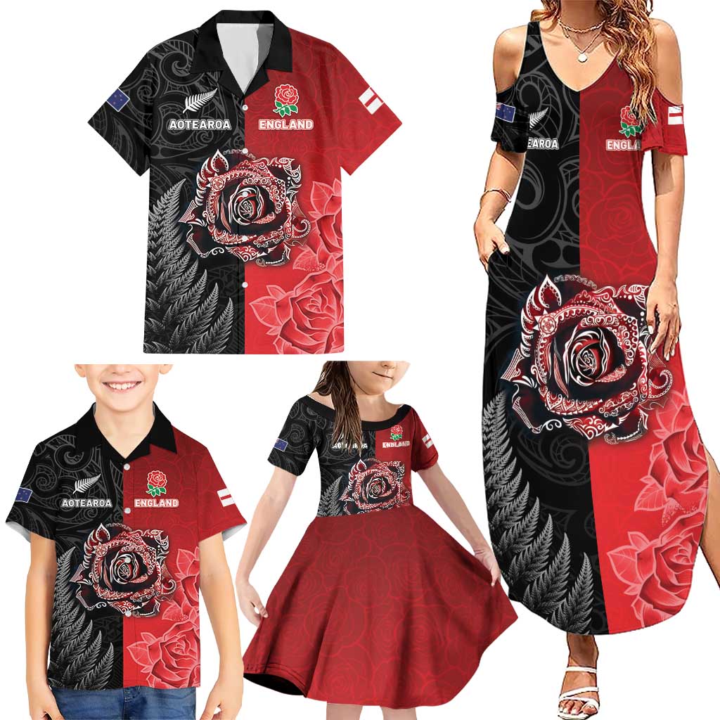 New Zealand And England Rugby Custom Family Matching Summer Maxi Dress and Hawaiian Shirt Red Rose Mix Maori Pattern LT05 - Polynesian Pride