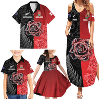 New Zealand And England Rugby Custom Family Matching Summer Maxi Dress and Hawaiian Shirt Red Rose Mix Maori Pattern LT05 - Polynesian Pride