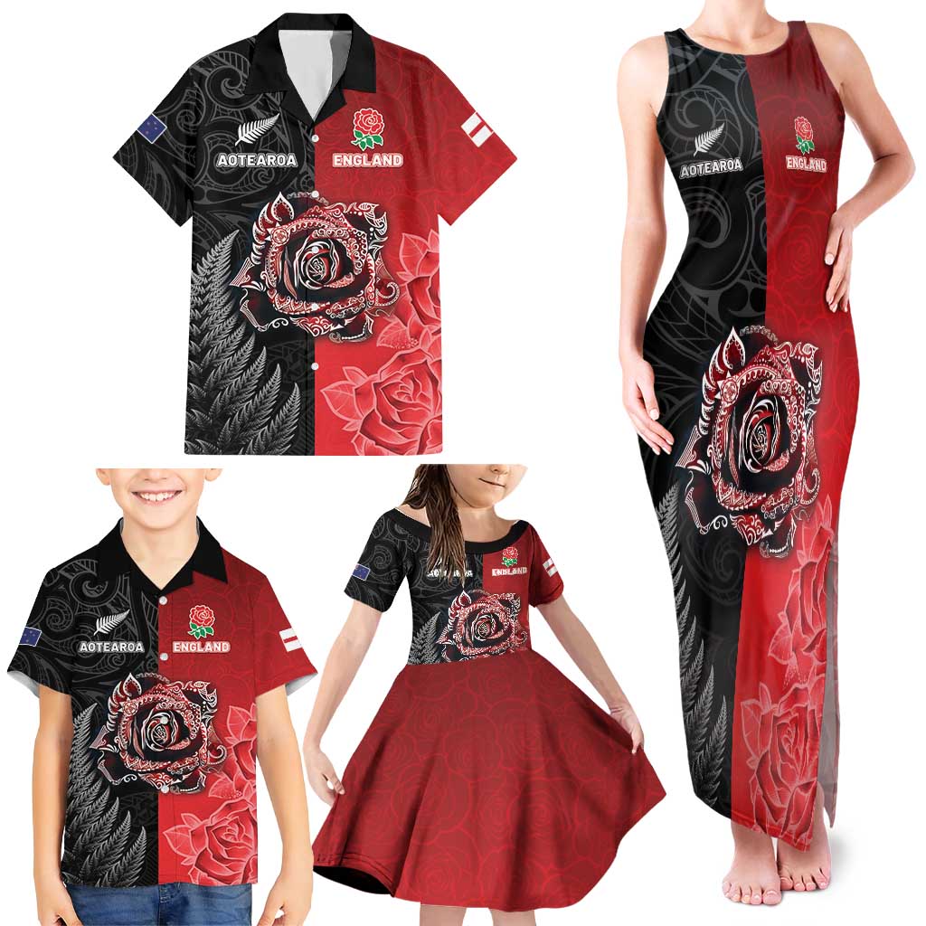 New Zealand And England Rugby Custom Family Matching Tank Maxi Dress and Hawaiian Shirt Red Rose Mix Maori Pattern LT05 - Polynesian Pride