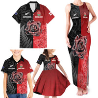 New Zealand And England Rugby Custom Family Matching Tank Maxi Dress and Hawaiian Shirt Red Rose Mix Maori Pattern LT05 - Polynesian Pride