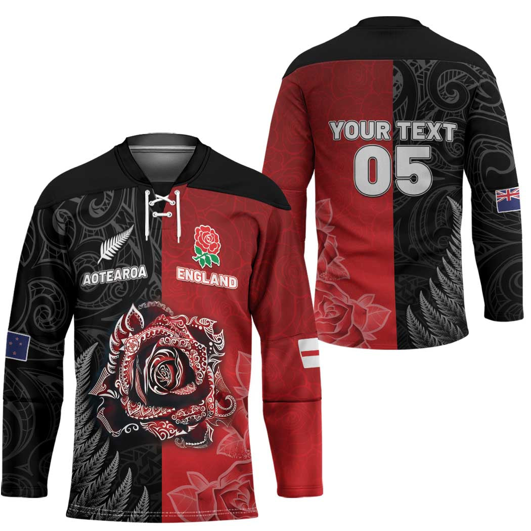 New Zealand And England Rugby Custom Hockey Jersey Red Rose Mix Maori Pattern LT05 - Polynesian Pride