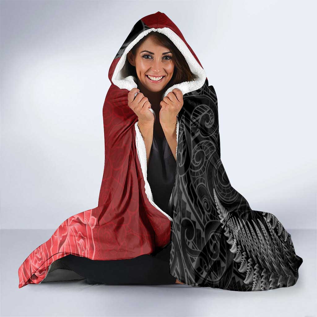 New Zealand And England Rugby Hooded Blanket Red Rose Mix Maori Pattern - Polynesian Pride
