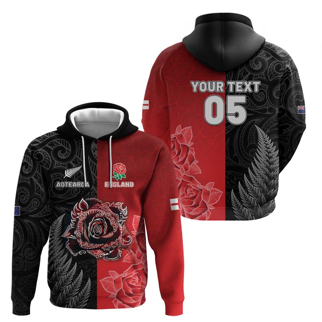 New Zealand And England Rugby Custom Hoodie Red Rose Mix Maori Pattern LT05 - Polynesian Pride