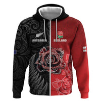 New Zealand And England Rugby Custom Hoodie Red Rose Mix Maori Pattern LT05 Zip Hoodie Black - Polynesian Pride