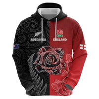 New Zealand And England Rugby Custom Hoodie Red Rose Mix Maori Pattern LT05 - Polynesian Pride