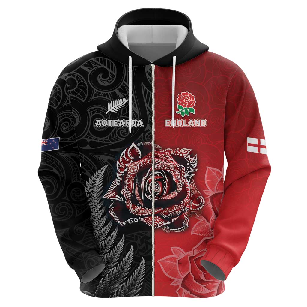 New Zealand And England Rugby Custom Hoodie Red Rose Mix Maori Pattern LT05 - Polynesian Pride