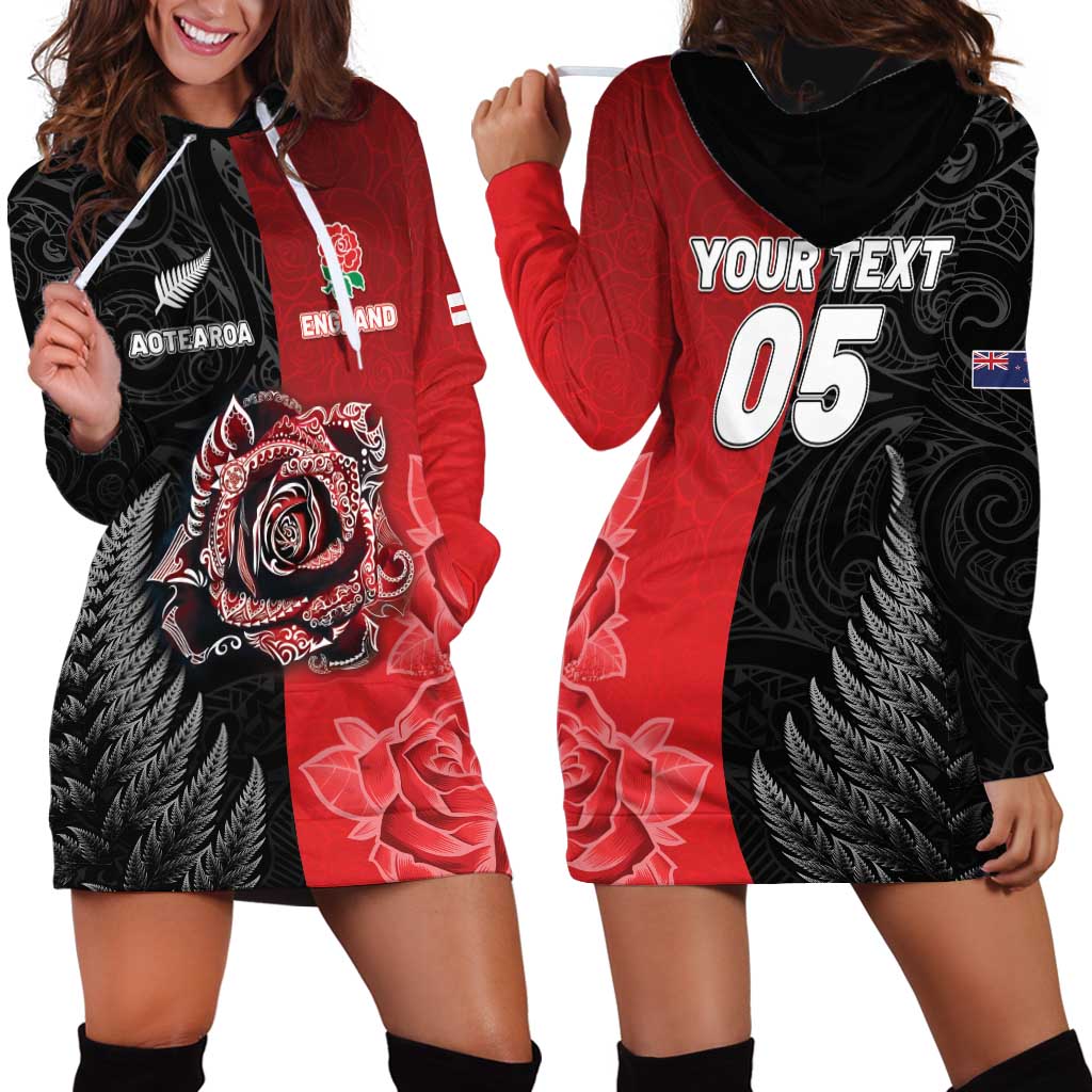 New Zealand And England Rugby Custom Hoodie Dress Red Rose Mix Maori Pattern LT05 - Polynesian Pride
