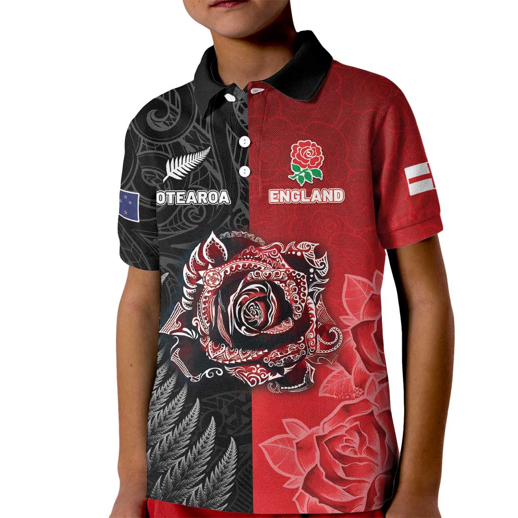 New Zealand And England Rugby Custom Kid Polo Shirt Red Rose Mix Maori Pattern - Polynesian Pride