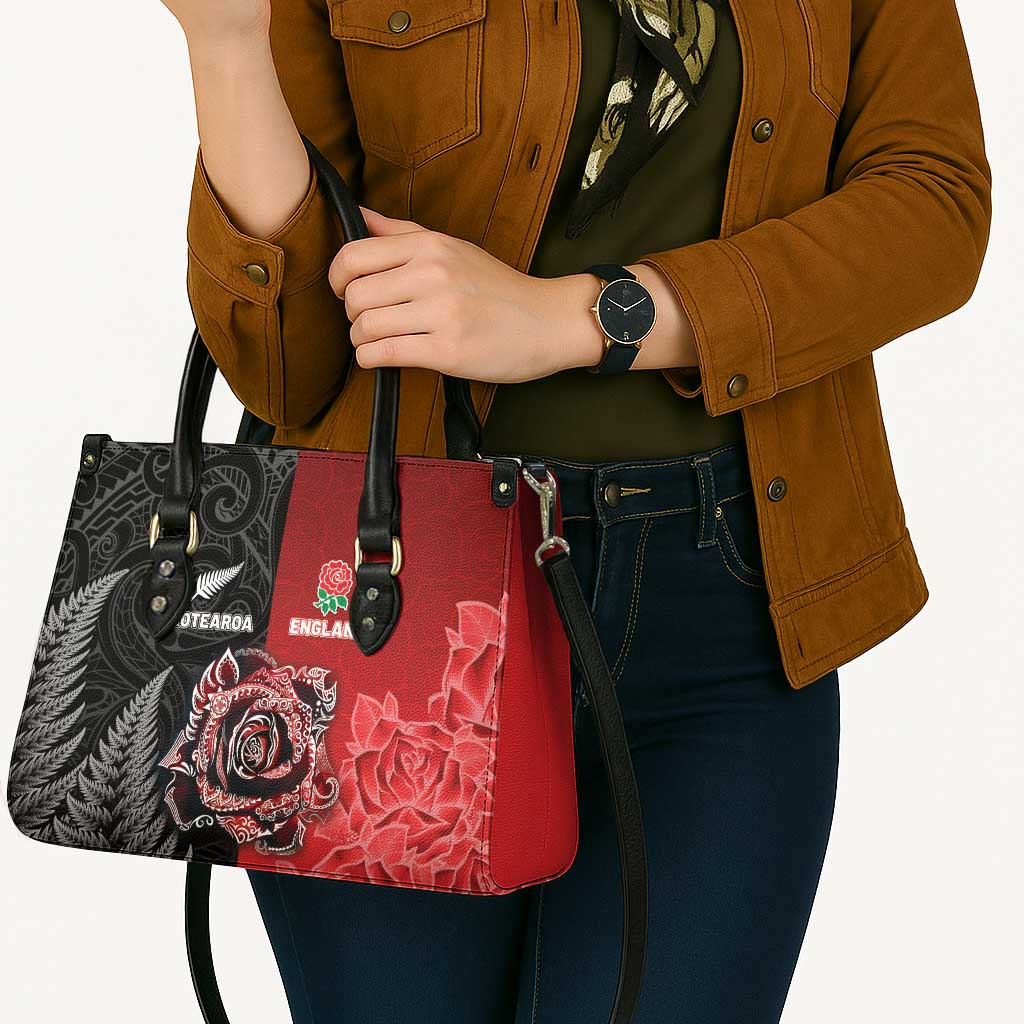 New Zealand And England Rugby Leather Bag Red Rose Mix Maori Pattern - Polynesian Pride