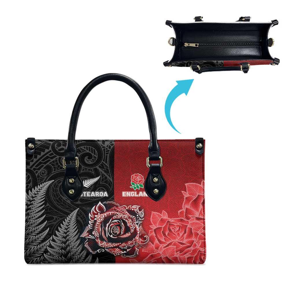New Zealand And England Rugby Leather Bag Red Rose Mix Maori Pattern - Polynesian Pride