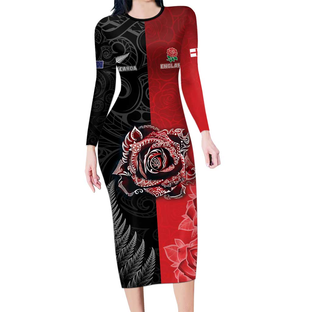 New Zealand And England Rugby Custom Long Sleeve Bodycon Dress Red Rose Mix Maori Pattern LT05 Long Dress Black - Polynesian Pride