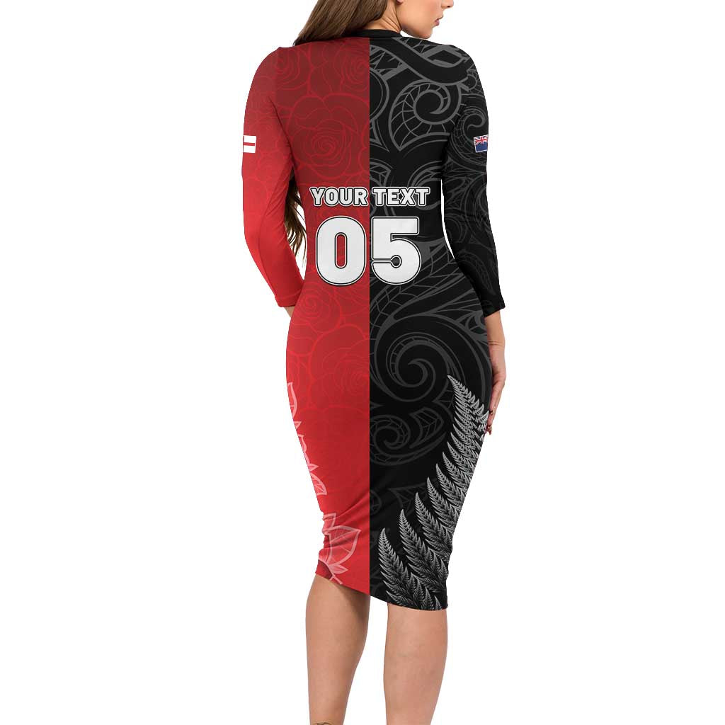 New Zealand And England Rugby Custom Long Sleeve Bodycon Dress Red Rose Mix Maori Pattern LT05 - Polynesian Pride