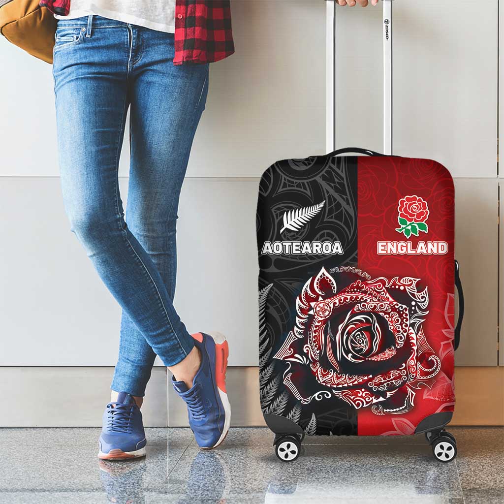 New Zealand And England Rugby Luggage Cover Red Rose Mix Maori Pattern - Polynesian Pride