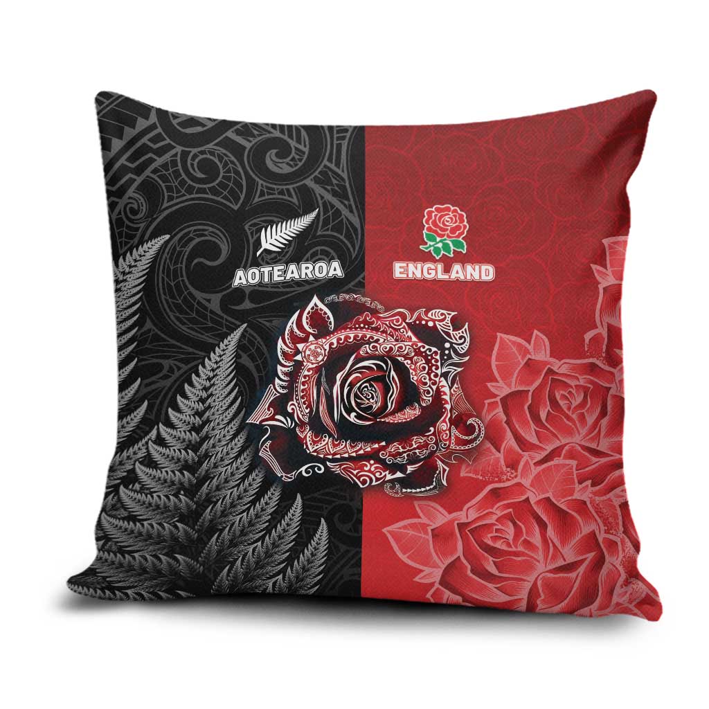New Zealand And England Rugby Pillow Cover Red Rose Mix Maori Pattern LT05 Black - Polynesian Pride