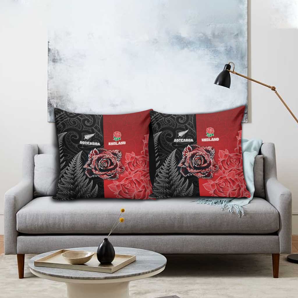 New Zealand And England Rugby Pillow Cover Red Rose Mix Maori Pattern LT05 - Polynesian Pride