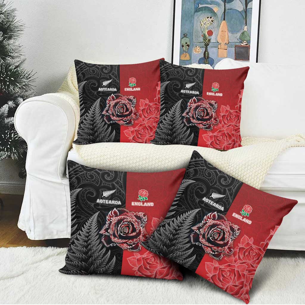 New Zealand And England Rugby Pillow Cover Red Rose Mix Maori Pattern LT05 - Polynesian Pride
