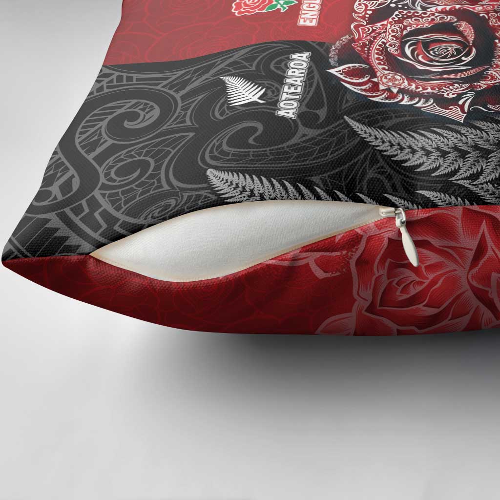 New Zealand And England Rugby Pillow Cover Red Rose Mix Maori Pattern LT05 - Polynesian Pride