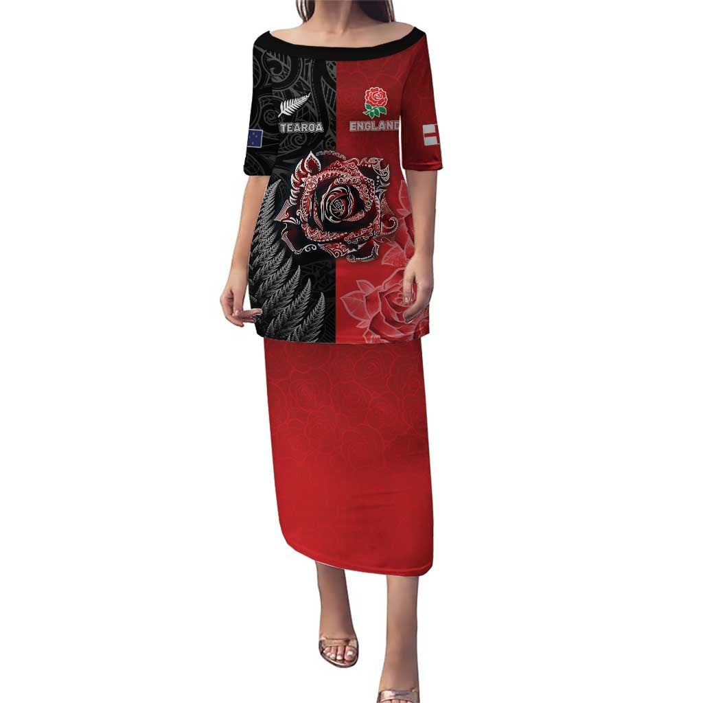 New Zealand And England Rugby Custom Puletasi Red Rose Mix Maori Pattern - Polynesian Pride
