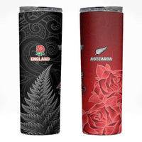 New Zealand And England Rugby Custom Skinny Tumbler Red Rose Mix Maori Pattern LT05 Black - Polynesian Pride