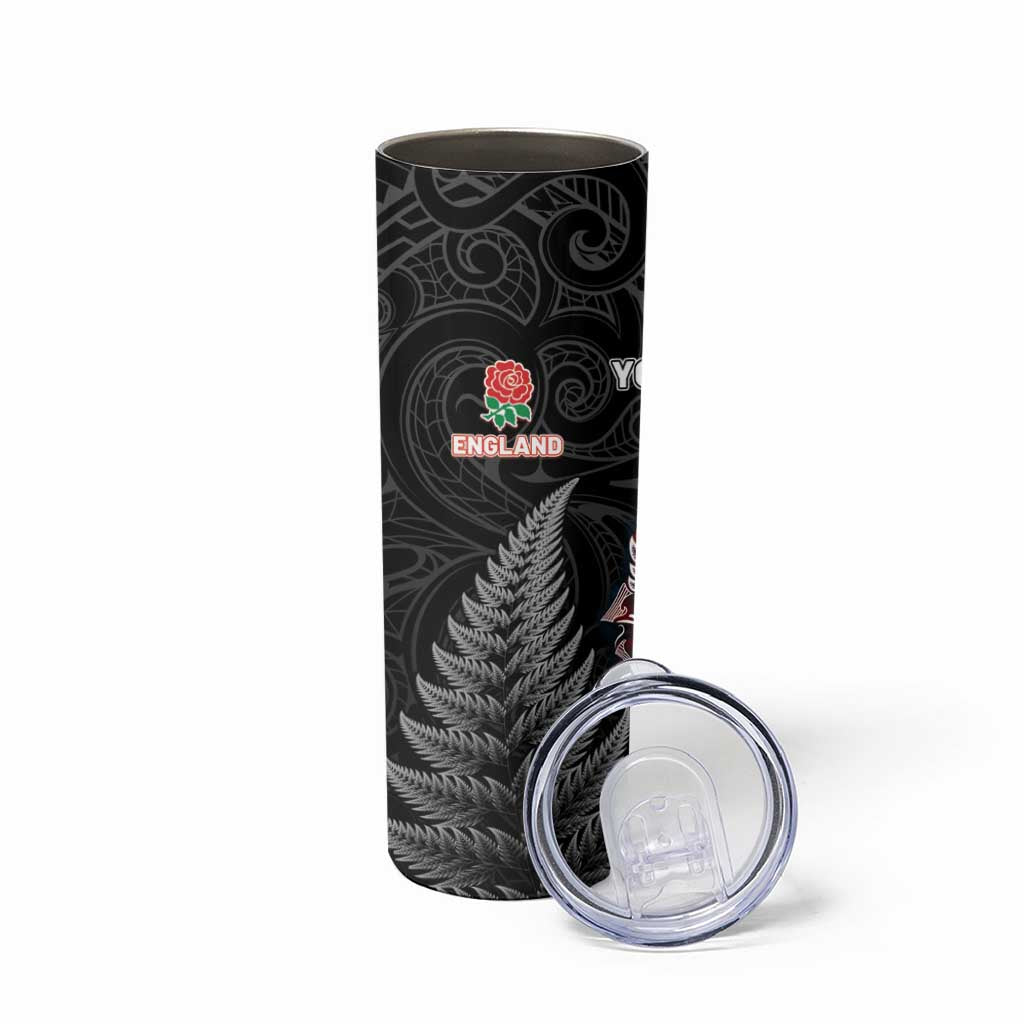 New Zealand And England Rugby Custom Skinny Tumbler Red Rose Mix Maori Pattern LT05 - Polynesian Pride