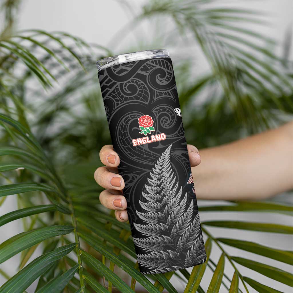 New Zealand And England Rugby Custom Skinny Tumbler Red Rose Mix Maori Pattern LT05 - Polynesian Pride