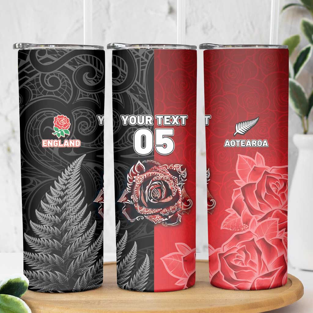 New Zealand And England Rugby Custom Skinny Tumbler Red Rose Mix Maori Pattern LT05 - Polynesian Pride